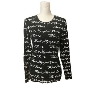 KARL LAGERFELD PARIS Black Script Logo Ribbed Long Sleeve‎ Sweater Top Womens M